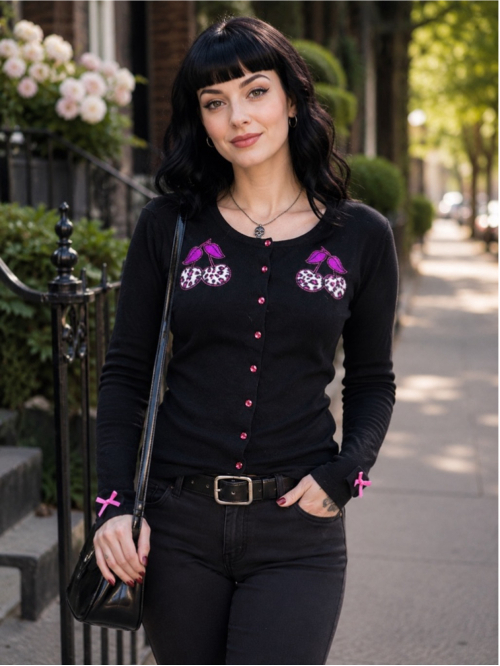 Sourpuss Cardigan Women’s L Leopard Cherry Embroidered Rockabilly Pinup Black